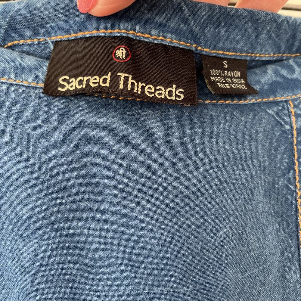 Sacred Threads Hippie Boho Blue Demmin Like Lace Hem Skirt Rayon SZ SM - Picture 6 of 8